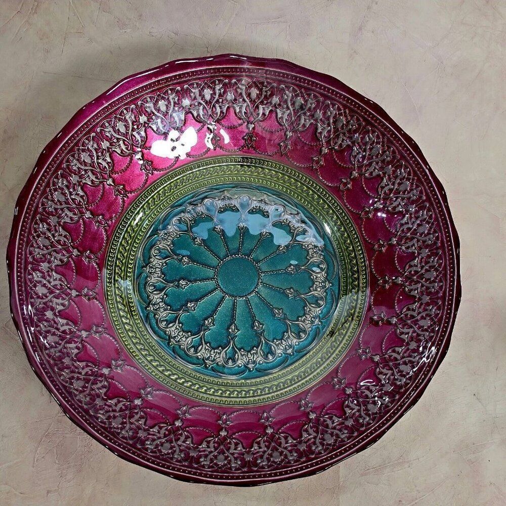 Turkish 12"‎ D Mehendi Silver Purple Aqua Scroll Medallion Painted Glass Bowl